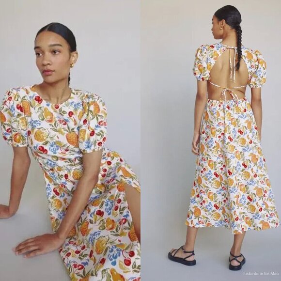 Reformation Anneliese Linen Fruit Cocktail Open-Back Dress - Picture 1 of 6